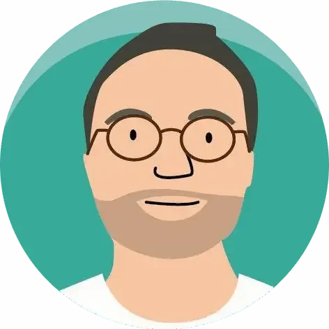 Illustrated avatar portrait with glasses in a circular teal background
